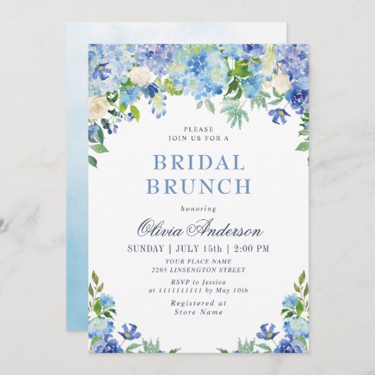 Blue Hydrangea Greenery Waterverf Bridal Brunch Kaart (Voorkant / Achterkant)