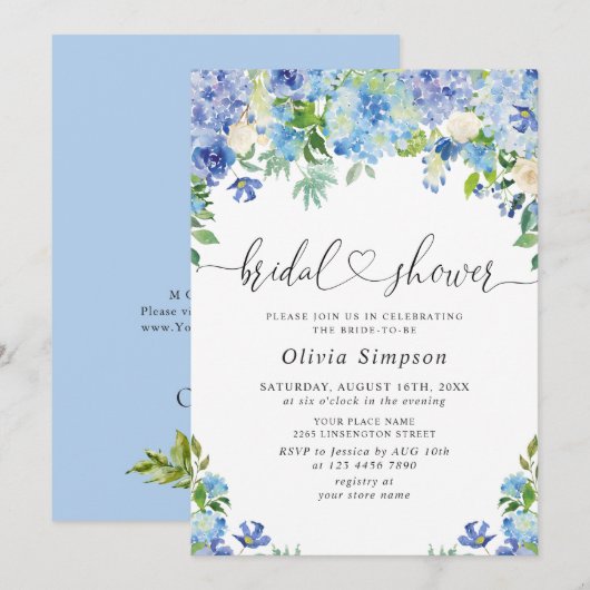Blue Hydrangea Greenery Waterverf Vrijgezellenfees Kaart (Voorkant / Achterkant)
