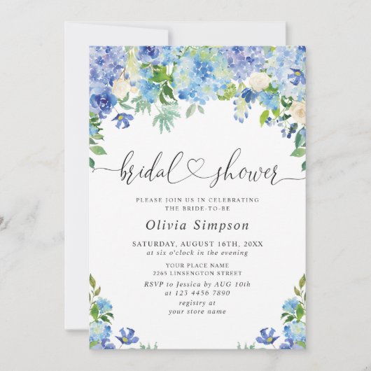 Blue Hydrangea Greenery Waterverf Vrijgezellenfees Kaart (Voorkant)