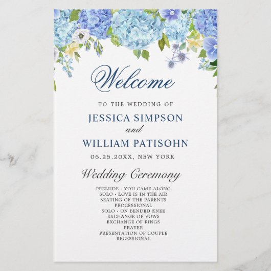 Blue Hydrangea Greenery Wedding Ceremony Program (Voorkant)