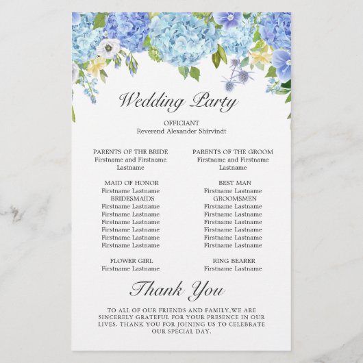 Blue Hydrangea Greenery Wedding Ceremony Program (Achterkant)