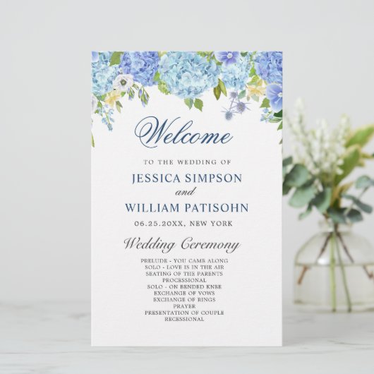 Blue Hydrangea Greenery Wedding Ceremony Program (Staand voorkant)
