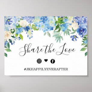 Blue Hydrangea Greenery Wedding Hashtag Sign Poster