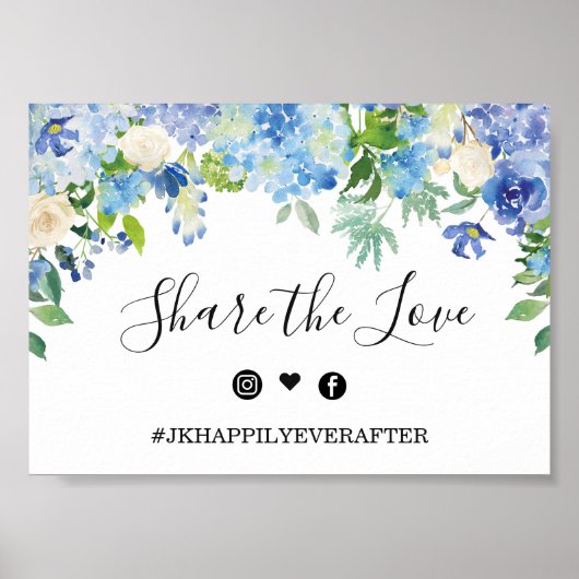Blue Hydrangea Greenery Wedding Hashtag Sign Poster (Voorkant)