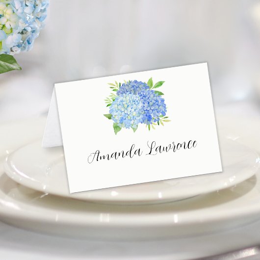 Blue Hydrangea Guest Name Script Place Card Kaart