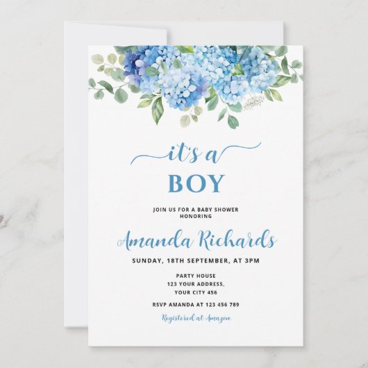 Blue Hydrangea Het is een Boy Baby shower Kaart (Voorkant)