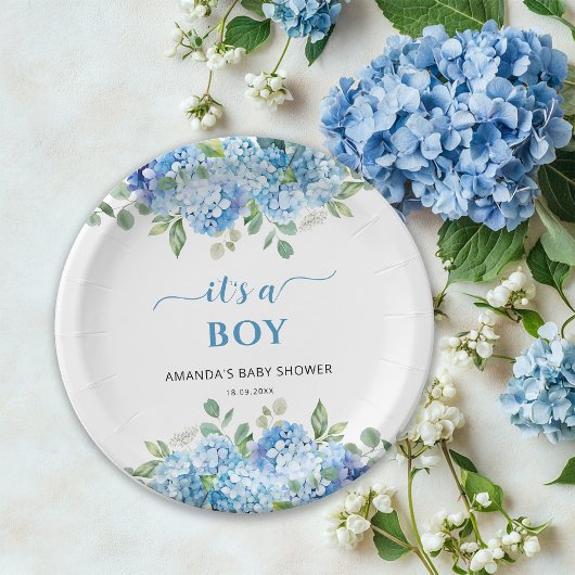 Blue Hydrangea Het is een Boy Baby shower Papieren Bordje