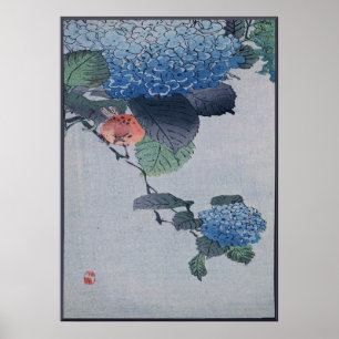 Blue Hydrangea Japans Woodcut met Bird Poster