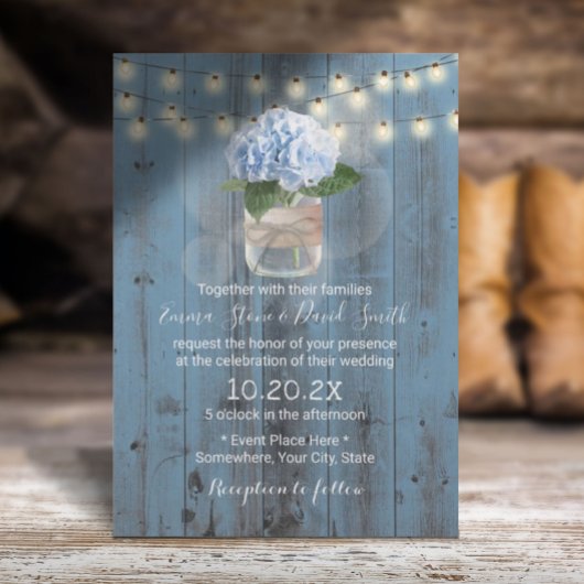 Blue Hydrangea Jar Dusty Blue Barn Wood Wedding Kaart