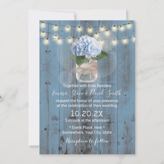Blue Hydrangea Jar Dusty Blue Barn Wood Wedding Kaart (Voorkant)