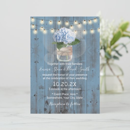 Blue Hydrangea Jar Dusty Blue Barn Wood Wedding Kaart (Staand voorkant)