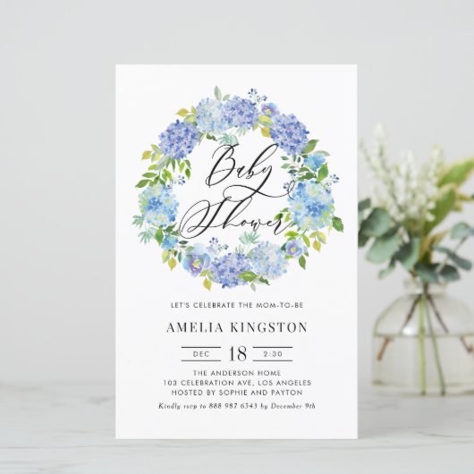 Blue Hydrangea Krans Baby shower Uitnodiging (Staand voorkant)