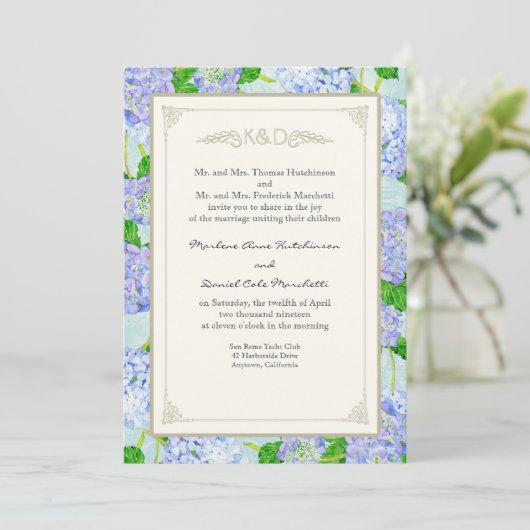 Blue Hydrangea Lace Floral Formal Elegant Weddings Kaart (Staand voorkant)
