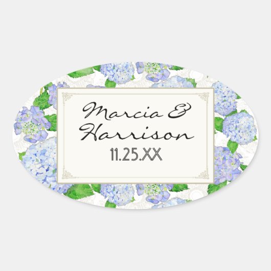 Blue Hydrangea Lace Floral Formal Elegant Weddings Ovale Sticker (Voorkant)