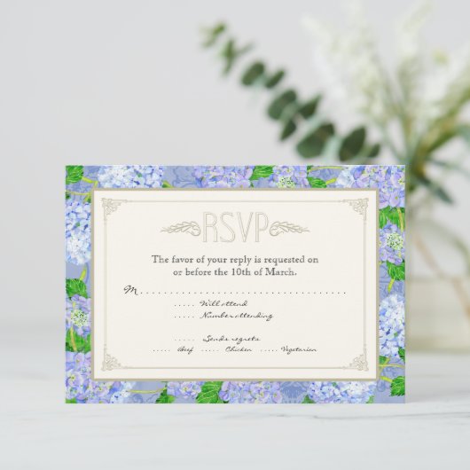 Blue Hydrangea Lace Floral Formal Elegant Weddings RSVP Kaartje (Staand voorkant)
