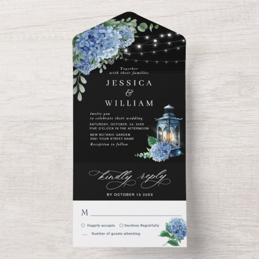 Blue Hydrangea Lantern Black Background Wedding All In One Uitnodiging (Binnen)