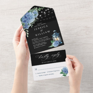 Blue Hydrangea Lantern Black Background Wedding All In One Uitnodiging