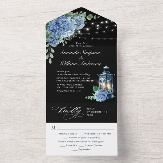 Blue Hydrangea Lantern Black Background Wedding All In One Uitnodiging (Binnen)