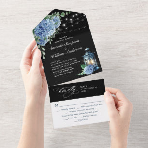 Blue Hydrangea Lantern Black Background Wedding All In One Uitnodiging
