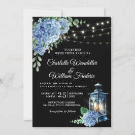 Blue Hydrangea Lantern Black Background Wedding Kaart
