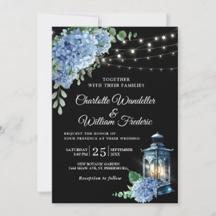 Blue Hydrangea Lantern Black Background Wedding Kaart