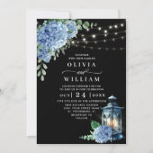 Blue Hydrangea Lantern Black Background Wedding Kaart (Voorkant)