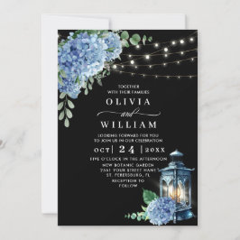 Blue Hydrangea Lantern Black Background Wedding Kaart