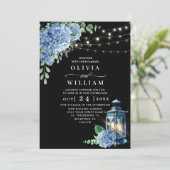 Blue Hydrangea Lantern Black Background Wedding Kaart (Staand voorkant)