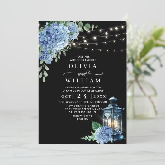 Blue Hydrangea Lantern Black Background Wedding Kaart (Staand voorkant)