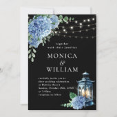 Blue Hydrangea Lantern Black Background Wedding Kaart (Voorkant)