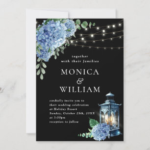 Blue Hydrangea Lantern Black Background Wedding Kaart