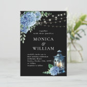 Blue Hydrangea Lantern Black Background Wedding Kaart (Staand voorkant)