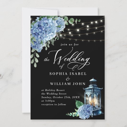 Blue Hydrangea Lantern Black Background Wedding Kaart (Voorkant)
