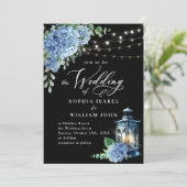 Blue Hydrangea Lantern Black Background Wedding Kaart (Staand voorkant)