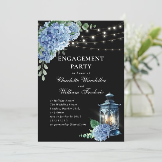 Blue Hydrangea Lantern Black Boho ENGAGTY Kaart (Staand voorkant)
