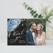 Blue Hydrangea Lantern Black Boho Photo Wedding Bedankkaart (Staand voorkant)