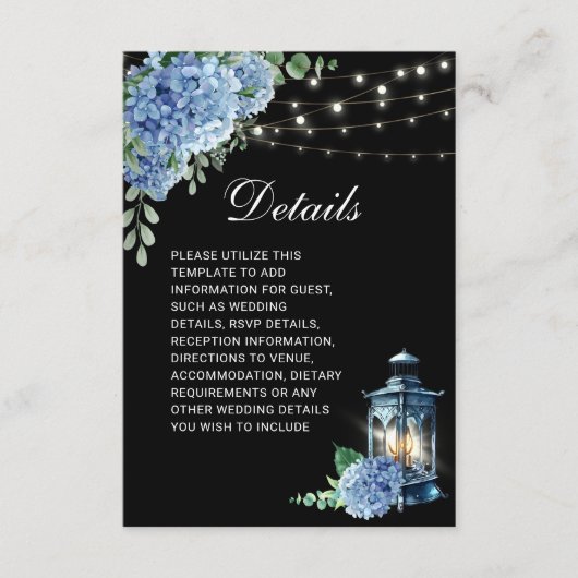 Blue Hydrangea Lantern Black Boho Wedding Details Informatiekaartje (Voorkant)