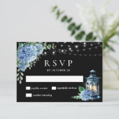 Blue Hydrangea Lantern Black Boho Wedding RSVP Kaartje (Staand voorkant)