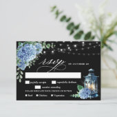 Blue Hydrangea Lantern Black Boho Wedding RSVP Kaartje (Staand voorkant)