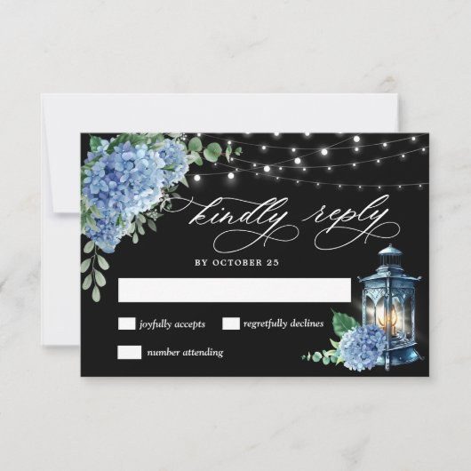 Blue Hydrangea Lantern Black Boho Wedding RSVP Kaartje (Voorkant)