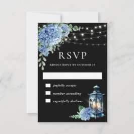 Blue Hydrangea Lantern Black Boho Wedding RSVP Kaartje