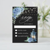 Blue Hydrangea Lantern Black Boho Wedding RSVP Kaartje (Staand voorkant)