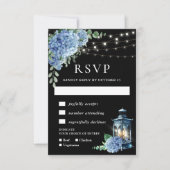 Blue Hydrangea Lantern Black Boho Wedding RSVP Kaartje (Voorkant)