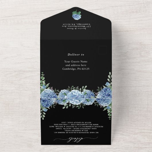 Blue Hydrangea Lantern Black Wedding QR code All In One Uitnodiging (Buitenkant)
