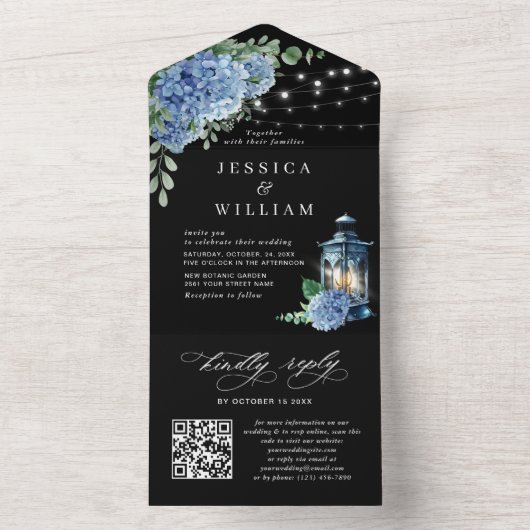 Blue Hydrangea Lantern Black Wedding QR code All In One Uitnodiging (Binnen)
