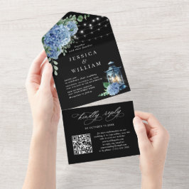 Blue Hydrangea Lantern Black Wedding QR code All In One Uitnodiging