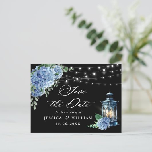 Blue Hydrangea Lantern Black Wedding Save the Date Briefkaart (Staand voorkant)