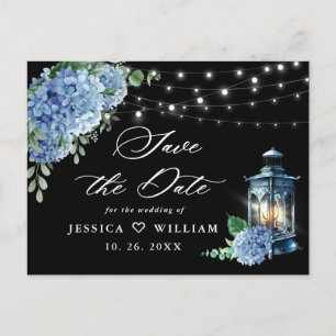 Blue Hydrangea Lantern Black Wedding Save the Date Briefkaart