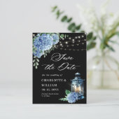 Blue Hydrangea Lantern Black Wedding Save the Date Briefkaart (Staand voorkant)