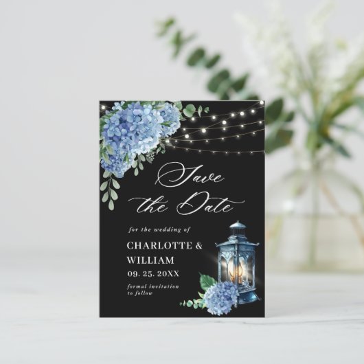 Blue Hydrangea Lantern Black Wedding Save the Date Briefkaart (Staand voorkant)